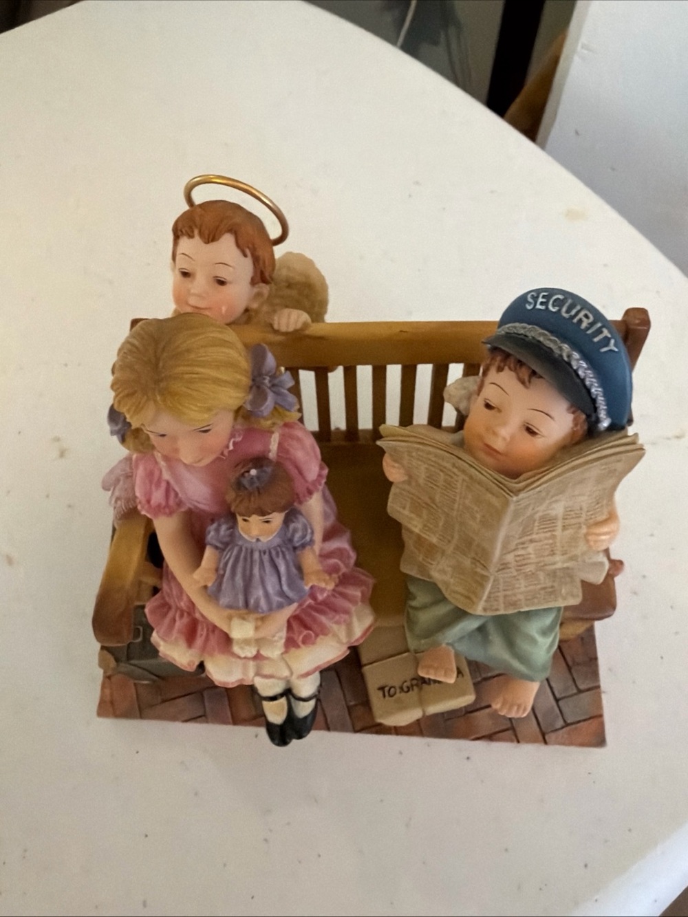Hand-Painted Ceramic Children Bench Figurine in Pastel Colors “ Never Alone”